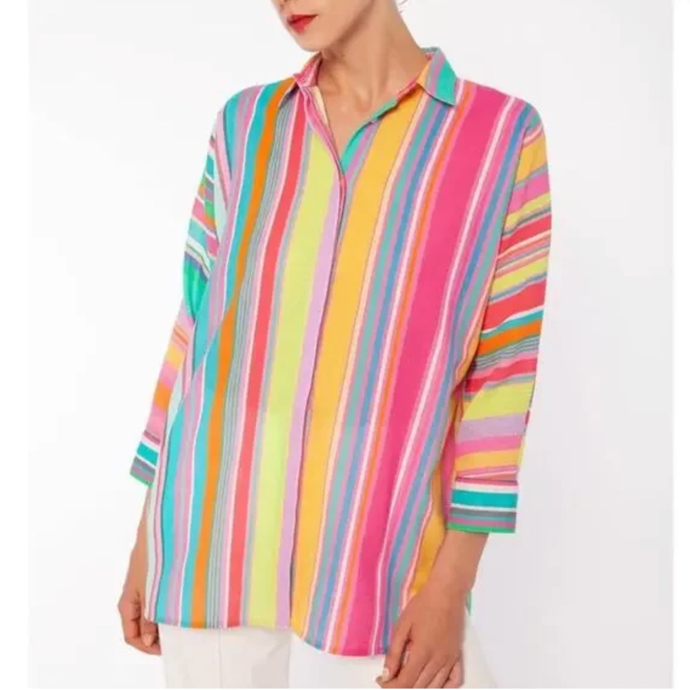 Vilagallo Striped Tunic Blouse Collared Button Front Colorful Cotton